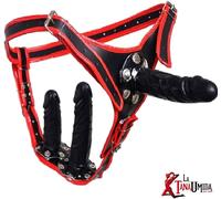 CINTURA TRIPLO dildo IMBRAGATURA strap-on INDOSSABILE NERO bordo ROSSO sadomaso