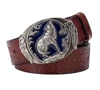 Cintura Uomo, Cinture da Vintage Cowboy Western, Cintura in Vera Pelle di Jeans Fibbia in Lega con Motivo Animale Lupo Cintura con incisione in rilievo,Reddish brown,125CM/49.2''