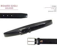 Cintura uomo elegante da abito in pelle nera nero lucido e fibbia argento 125cm