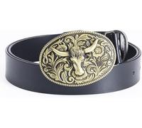 Cinture da Uomo E Donna Cinturino in Pelle Occidentale Nera E Marrone con Fibbia per Cintura Etnica in Filigrana Ovale Intagliata Toro Longhorn Fibbia Dorata, Black, 125cm/waist:43