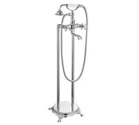 Cinwiny Vasca da bagno cromata lucida a pavimento Rubinetto indipendente Riempitrice per vasca con doccetta spray a doppia croce Manopole a forma di telefono Rubinetto miscelatore per bagno ad alto