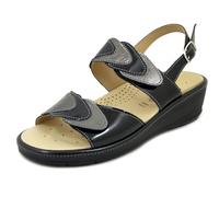 CINZIA SOFT Sandali Donna Comfort Linea Ortopedica in Pelle Lucida Nero, Plantare Estraibile, Zeppa Bassa, 12636