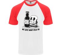 Ciò Che Amiamo Ci Uccide Maglietta Baseball S/S Uomo Con Teschio Di Cibo Burger