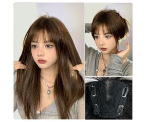 Ciocche di capelli veri fatti a mano, con clip, capelli lisci da 25 cm, con capelli di bambino, per donne che perdono i capelli (12 x 13 cm, frangia a ciuffo/marrone)