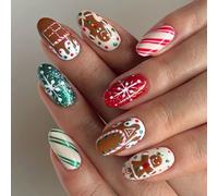 Cioccolato Casa Stick On Nails Mandorla Falso Con Pan di Zenzero Uomo Disegni Natale Press Per Le Donne Ragazze Casa di Cioccolato Falso Natale Artificiale Pres