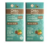 Cioccolato Fondente con nocciole intere SENZA ZUCCHERO aggiunto, 100 gr x 2 pezzi - Otto Chocolates - Cacao 60% minimo - con cacao da produttori del Perù