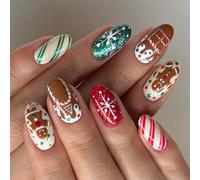 Cioccolato House Stick on Nails Mandorla Falso con Pan di Zenzero Uomo Disegni Natale Press on per donne ragazze Casa di cioccolato Unghie finte Natale Unghie artificiali