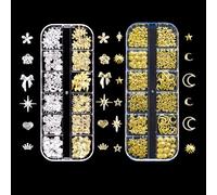 Ciondoli per unghie 3D oro e argento, 2 scatole con 24 griglie a forma di fiocco, fiori, stelle, gemme, borchie, punk, in lega di metallo, adesivi per nail art, accessori per decorazioni fai da te