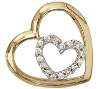 Ciondolo A Cuore, Due Cuori, 16 Diamanti Brillanti, Oro Giallo 585, Donna