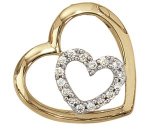 Ciondolo A Cuore, Due Cuori, 16 Diamanti Brillanti, Oro Giallo 585, Donna