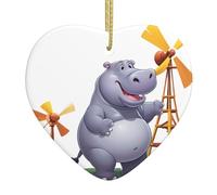 Ciondolo a forma di albero di Natale in ceramica, 6,9 x 7,6 cm, motivo: ippopotamo WHJSSF che gioca con mulino a vento, facilmente appeso nei centri commerciali e nei negozi