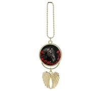 Ciondolo a forma di cavallo nero su sfondo di rose rosse, ornamento da appendere allo specchietto retrovisore, decorazione per auto per specchietto retrovisore, portachiavi in stile dorato