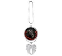 Ciondolo a forma di cavallo nero su sfondo di rose rosse, ornamento da appendere allo specchietto retrovisore, decorazione per auto per specchietto retrovisore, portachiavi in stile argento