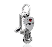 Ciondolo a forma di chitarra in argento Sterling 925, con scritta in inglese “I love music”, per compleanno, per bracciale Pandora con charm