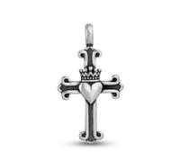 Ciondolo a forma di croce Claddagh in argento Sterling ossidato Fleury con cuore, corona e simbolo dell'amore, Medium, Argento sterling, Nessuna pietra preziosa