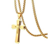Ciondolo A Forma Di Croce Punk Rock In Acciaio Inossidabile Da Uomo, Collana Con Amuleto Abbinato A Due Colori E Doppio Strato, Gioielli Di Moda(Gold)