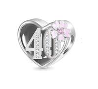 Ciondolo a forma di cuore con camelia per 40° compleanno, in argento Sterling 925, compatibile con braccialetti Pandora Moments
