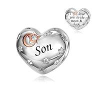 Ciondolo a forma di cuore con scritta "I Love You To The Moon And Back", in argento Sterling 925, compatibile con braccialetti Pandora Charm Moments, Metallo