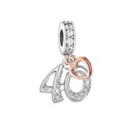 Ciondolo a forma di cuore in argento Sterling 925, con numero 40 e 40° compleanno, in oro rosa, compatibile con braccialetti Pandora Moments