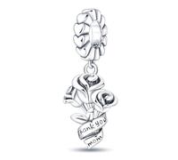 Ciondolo a forma di cuore in argento Sterling 925 con scritta in inglese "Thankyou Mom Mum" bouquet rose fiore I Love You, compatibile con braccialetti Pandora