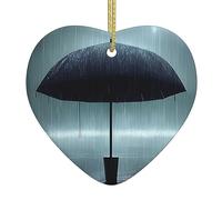 Ciondolo a forma di cuore natalizio in ceramica con ombrello nero sotto la pioggia, il pezzo di ceramica è disponibile con filo di seta