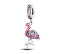 Ciondolo a forma di fenicottero in argento Sterling 925 con zirconia cubica, per braccialetti Pandora, charm smaltato a forma di uccello tropicale, fenicottero rosa, in confezione regalo