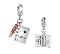 Ciondolo a forma di libro aperto con matite, adatto ai braccialetti Pandora, con la scritta in inglese "Knowledge is Power, I Love Reading", regalo di Natale e compleanno, gioiello ideale per figlia