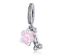 Ciondolo a forma di osso, in vero argento Sterling 925, con scritta "I Love My Dog", per braccialetti Pandora. e Argento, colore: Charm a forma di zampe di cane rosa., cod. YS-S3331