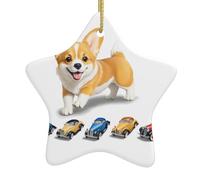 Ciondolo a forma di stella in ceramica a forma di albero di Natale qqoupp Little Corgi che gioca con un'auto, accuratamente forato, con corda in metallo