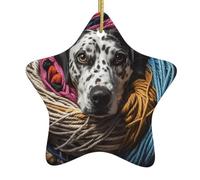 Ciondolo a forma di stella in ceramica per albero di Natale BROLEO Dalmata che gioca con palla di filato stampa accuratamente forata con corda in metallo