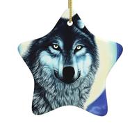 Ciondolo a forma di stella in ceramica per albero di Natale, motivo: lupo WHJSSF sotto la luna, progettato specificamente per le vacanze, 7,9 x 7,9 cm