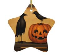 Ciondolo a forma di stella in ceramica per albero di Natale, motivo WHJSSF merlo e zucca, fori accuratamente forati, corda in metallo