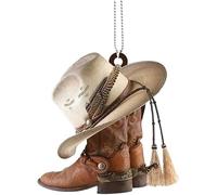 Ciondolo a forma di stivali da cowboy e cappelli da cowboy, colore marrone, in acrilico, ornamento da appendere per specchio/portachiavi
