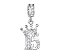 Ciondolo a forma di tiara con numero di compleanno e corona, adatto per braccialetti Pandora, regalo d'amore, da donna, con zirconia cubica trasparente, in argento, Misura unica, Rame, Nessuna pietra