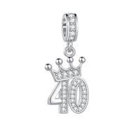 Ciondolo a forma di tiara con numero di compleanno e corona, adatto per braccialetti Pandora, regalo d'amore, da donna, con zirconia cubica trasparente, in argento, Misura unica, Rame, Nessuna pietra