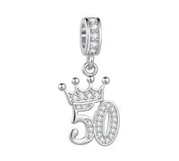 Ciondolo a forma di tiara con numero di compleanno e corona, adatto per braccialetti Pandora, regalo d'amore, da donna, con zirconia cubica trasparente, in argento, Misura unica, Rame, Nessuna pietra