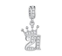 Ciondolo a forma di tiara con numero di compleanno e corona, adatto per braccialetti Pandora, regalo d'amore, da donna, con zirconia cubica trasparente, in argento, Misura unica, Rame, Nessuna pietra