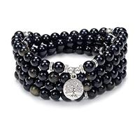 Ciondolo albero della vita 108 braccialetto di perline di preghiera mala collana mala per la meditazione yoga (Ossidiana d'oro （Gold Obsidian）)