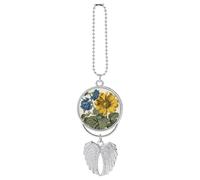 Ciondolo auto stelo fiore giallo ornamento appeso specchio retrovisore decorazione automatica specchio specchio retrovisore portachiavi argento
