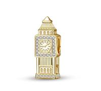 Ciondolo Charm Big Ben London Orologi Torre - Argento Sterling 925 placcato oro e zirconi incastonati - Collezione Viaggio & Architettura - England Union Jack Vacanza - Bracciale Gioielli Accessori