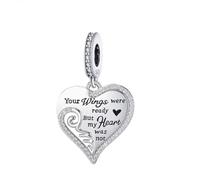 Ciondolo commemorativo in argento Sterling 925 con scritta in lingua inglese "Your Wings Were Ready But My Heart Was Not Angel", compatibile con braccialetti Pandora