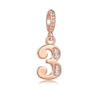 Ciondolo con numero portafortuna compatibile con braccialetti Pandora 0, 1, 2, 3, 4, 5, 6, 7, 8, 9, 9, gioielli di compleanno per donne, familiari, amici, con zirconia cubica trasparente, oro rosa