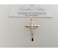 CIONDOLO CROCE Sacra CROCEFISSO CRISTO Pendente In ORO 18 Kt 750% Giallo Bianco