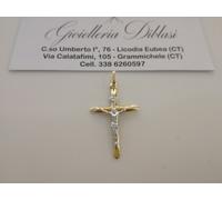CIONDOLO CROCE Sacra CROCEFISSO CRISTO Pendente Oro 18 Karati 750% Giallo Bianco