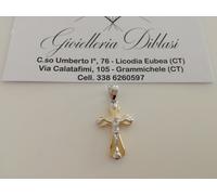 CIONDOLO CROCEFISSO CRISTO Pendente Oro 18 Kt 750% CROCE SACRA Giallo e Bianco