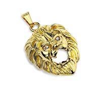 Ciondolo da Uomo Placca Oro Testa di Leone Viso Occhi Incastonati + 1 Catena
