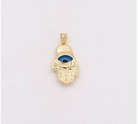 Ciondolo Hamsa Mano Kabbalah Occhio Maligno Blu Oceano In Oro Giallo 14K Reale