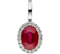 Ciondolo IN 585 Oro Bianco con Rubino Rosso Ovale & 20 Diamanti Brillanti