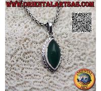Ciondolo in argento 925 agata verde a navetta cabochon su montatura semplice con