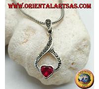 Ciondolo in Argento 925‰ cuore di granato in un filo a goccia di marcasite